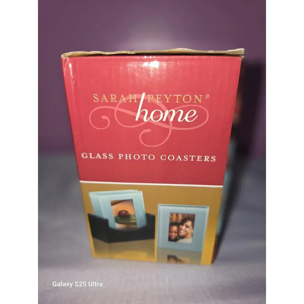 Glass photo coasters with wood holder Sarah Peyton Home set of 4